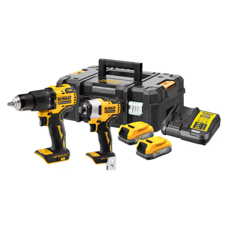 Dewalt 18v Powerstack Kombisæt Med Slagboremaskine Slagskruetrækker 7ah Batterier Og Lader Tstak Dck2062e2t-qw