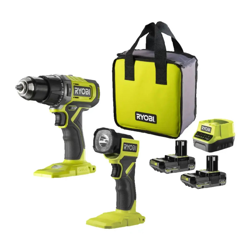 Ryobi Slagboremaskine Lygte Sæt Inkl Lader 2x1 Ah Batteri