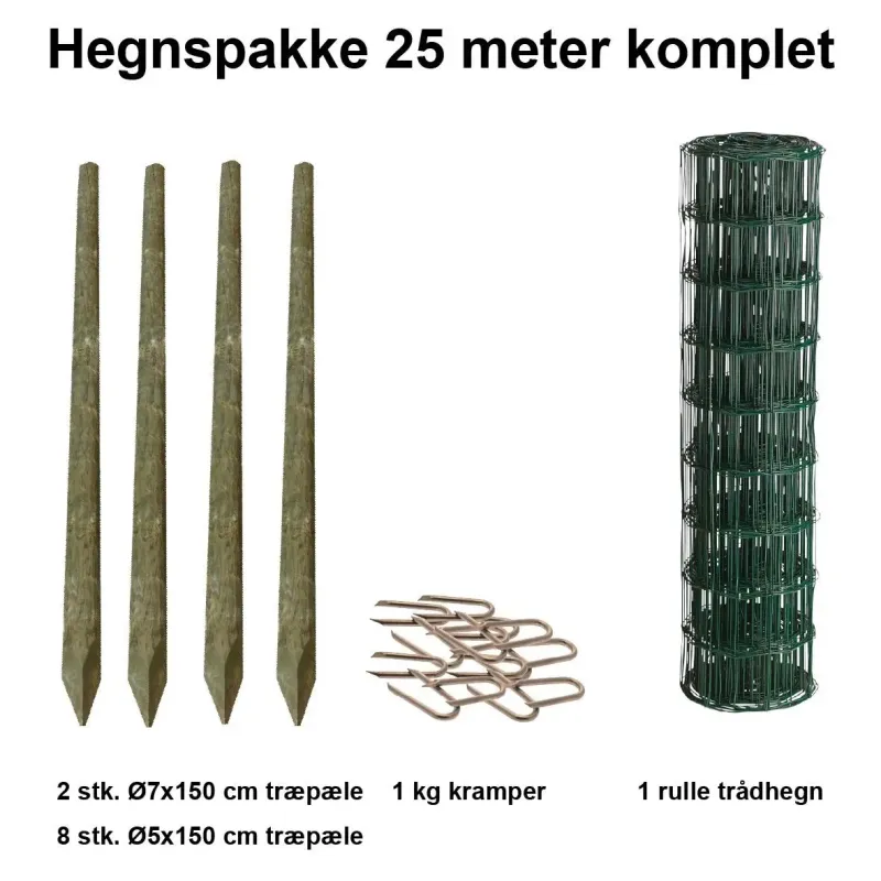 25 Meter Havehegn Inkl  10 Stk  Træpæle Og   Kg Kramper Maskestr  5x10 Cm  :80 Cm