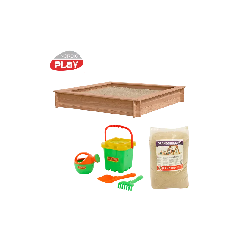 Nordic Play Sandkasse Lærk 150   150 Cm Inkl  240 Kg Sand Og Grønt Strandsæt 805-747