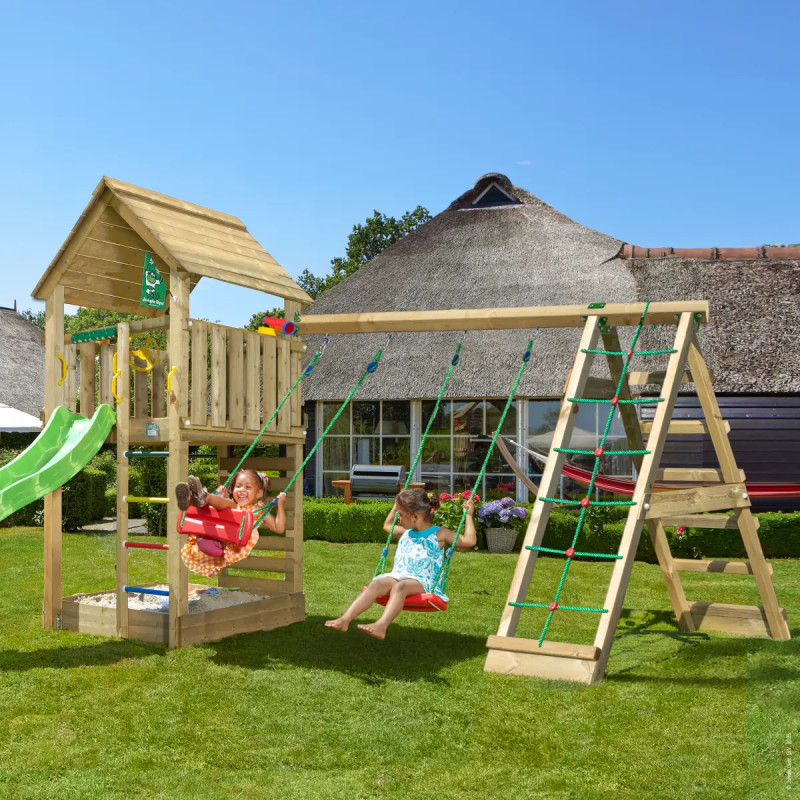 Jungle Gym Cabin     Legetårn 302   426   435 Cm Med  -climb Module 220 Og Grøn Rutsjebane