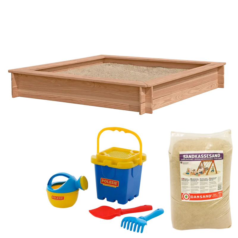 Nordic Play Sandkasse   Lærk 150   150 Cm Med 240 Kg Sand Og Blåt Strandsæt