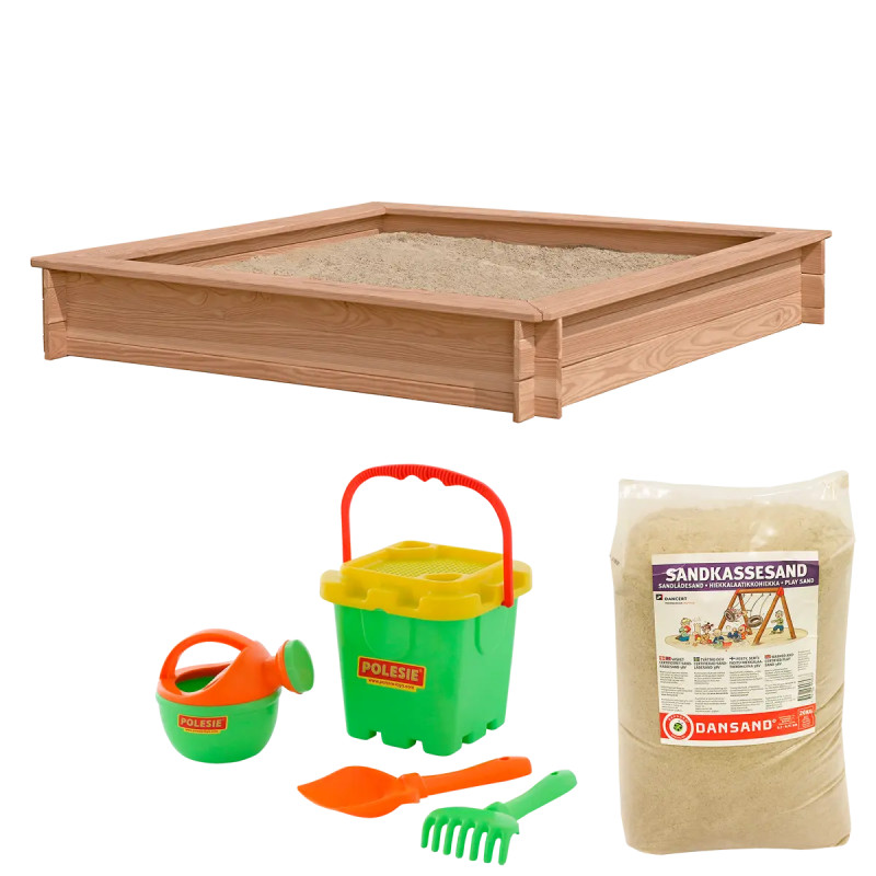 Nordic Play Sandkasse   Lærk 150   150 Cm Med 240 Kg Sand Og Grønt Strandsæt