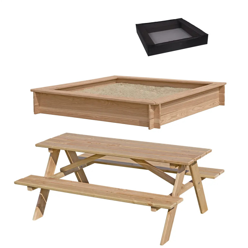 Nordic Play Sampak Sandkasse 150   150 Cm  Børne Bordbænkesæt   Lærk Og Sandkassenet
